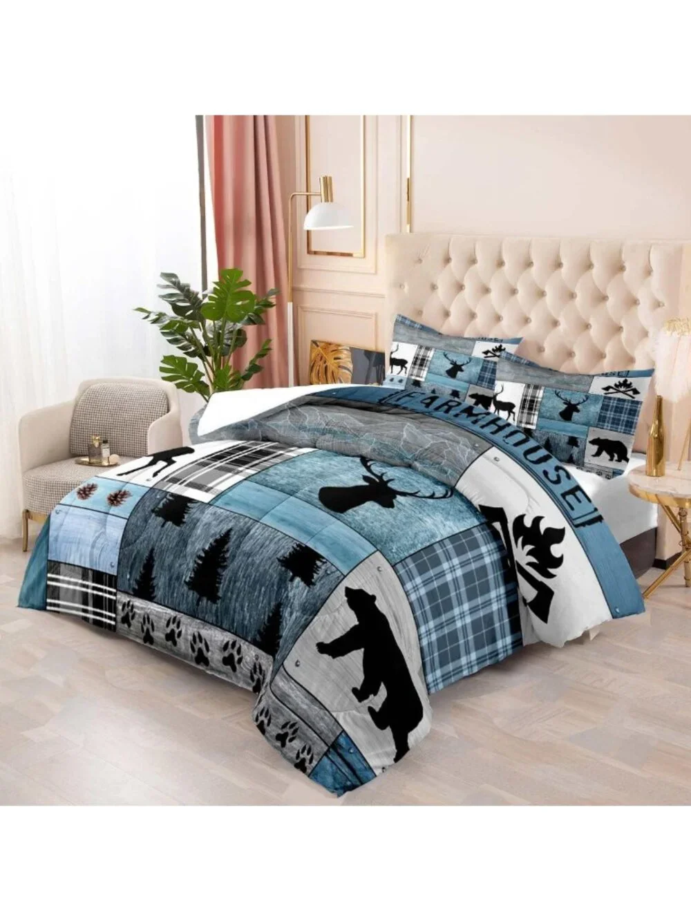 3PC Rustic Cabin Queen Comforter Set, Farmhouse Bedding, Wildlife Patchwork